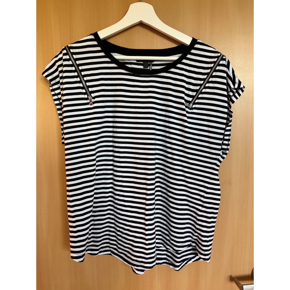 DKNY Womens Large Black White Striped Zipper Shoulder Short Sleeve Top